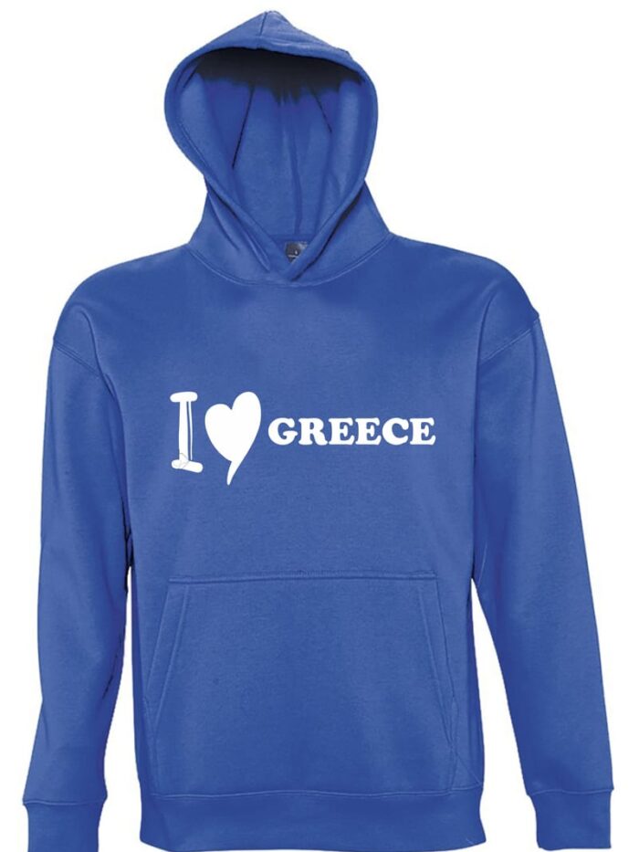 Kids Moda Παιδική Μπλούζα "I LOVE GREECE" απο Χοντρό Φούτερ με Κουκούλα Μπλέ Ρουά